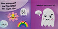 Children's book with illustrations of a rainbow, flower, and ghost on a purple background.