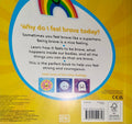 Book cover with a rainbow and text on a yellow background